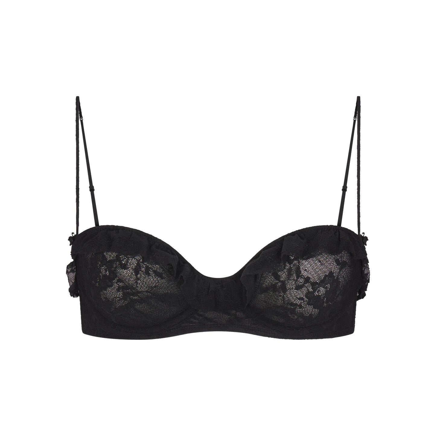 STRETCH LACE RUFFLE UNLINED BRA | SOOT