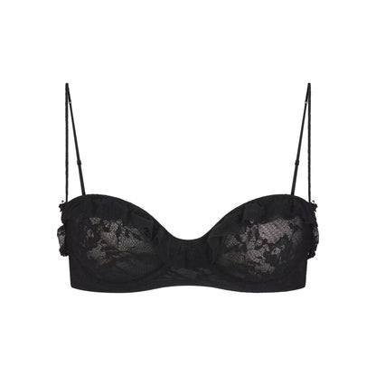 STRETCH LACE RUFFLE UNLINED BRA | SOOT