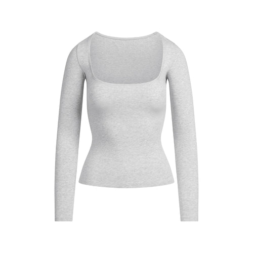 COTTON JERSEY SCOOP NECK LONG SLEEVE TOP | LIGHT HEATHER GREY