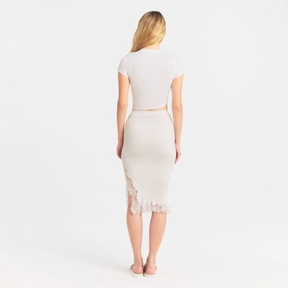 RIB KNIT LACE MIDI SKIRT | EGRET