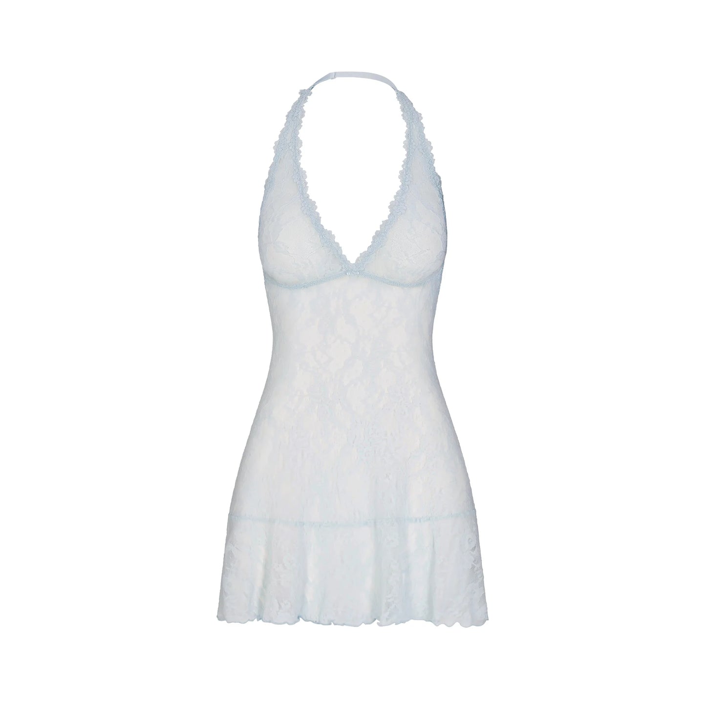STRETCH LACE HALTER MINI DRESS | POWDER BLUE