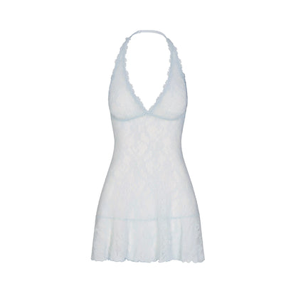 STRETCH LACE HALTER MINI DRESS | POWDER BLUE