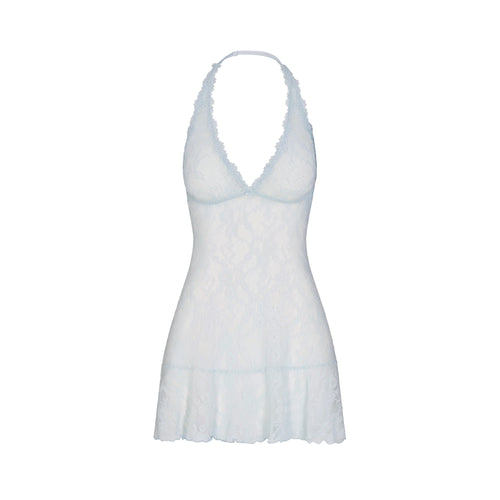 STRETCH LACE HALTER MINI DRESS | POWDER BLUE