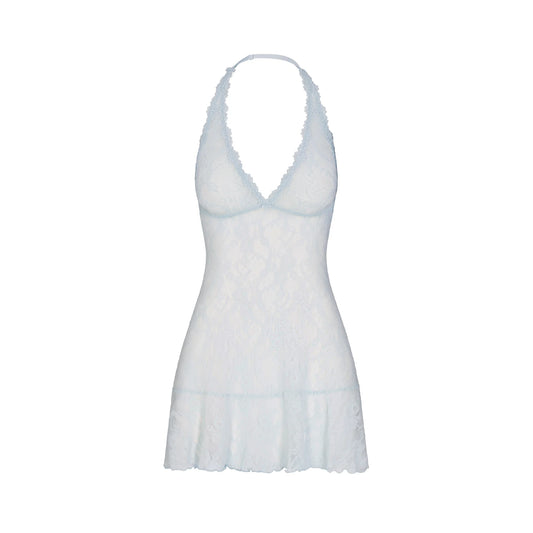 STRETCH LACE HALTER MINI DRESS | POWDER BLUE
