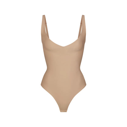 SKIMS BODY CORE SCULPT PLUNGE THONG BODYSUIT | CLAY
