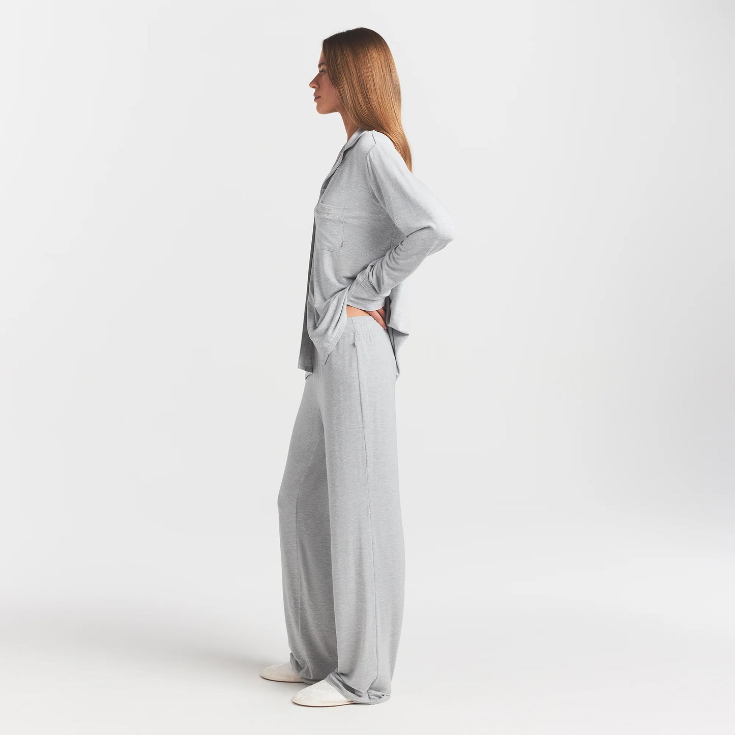 SKIMS SLEEP LONG SLEEVE BUTTON UP SET | LIGHT HEATHER GREY