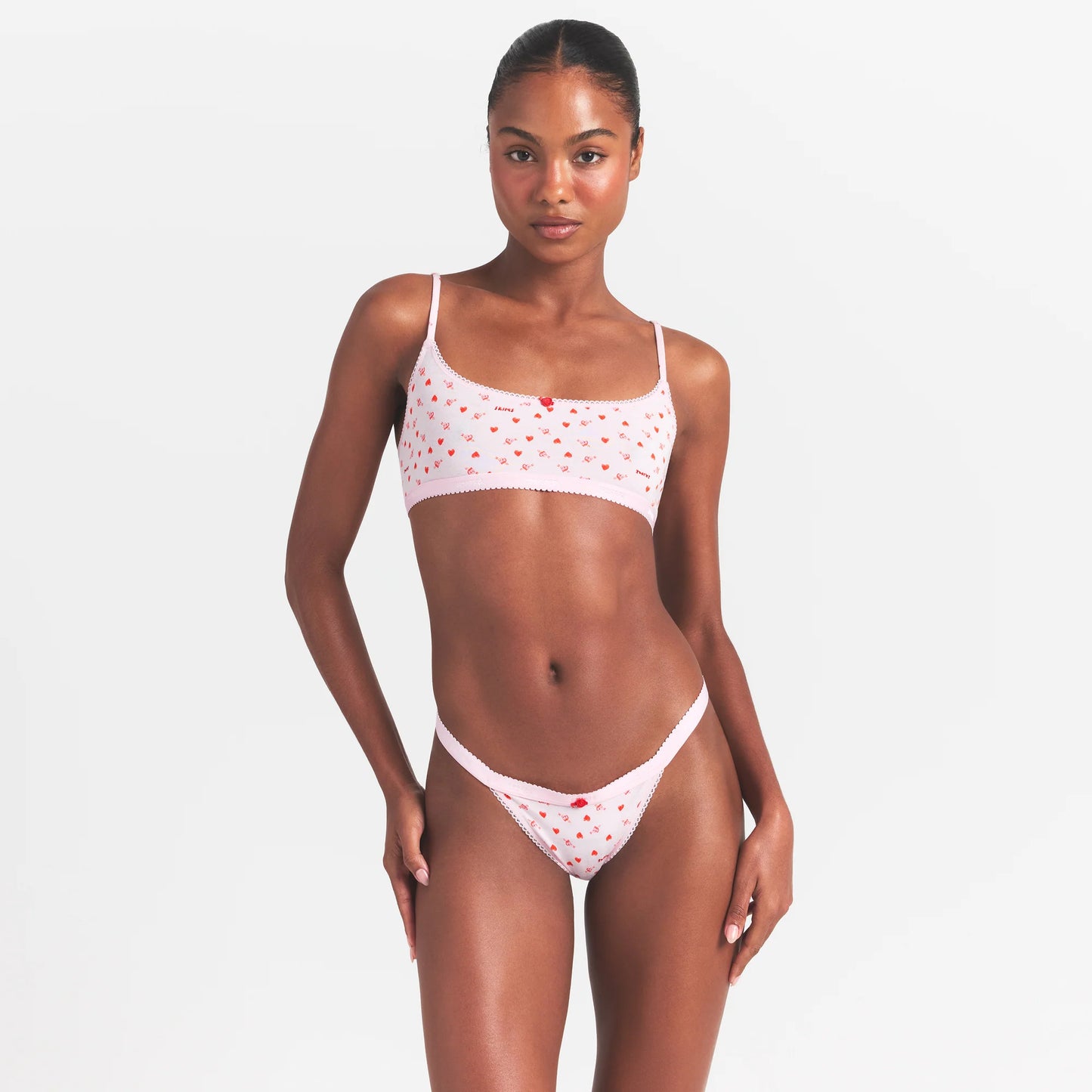 LIGHTWEIGHT COTTON LOGO PICOT SCOOP BRALETTE | BABY PINK ARROWED HEARTS
