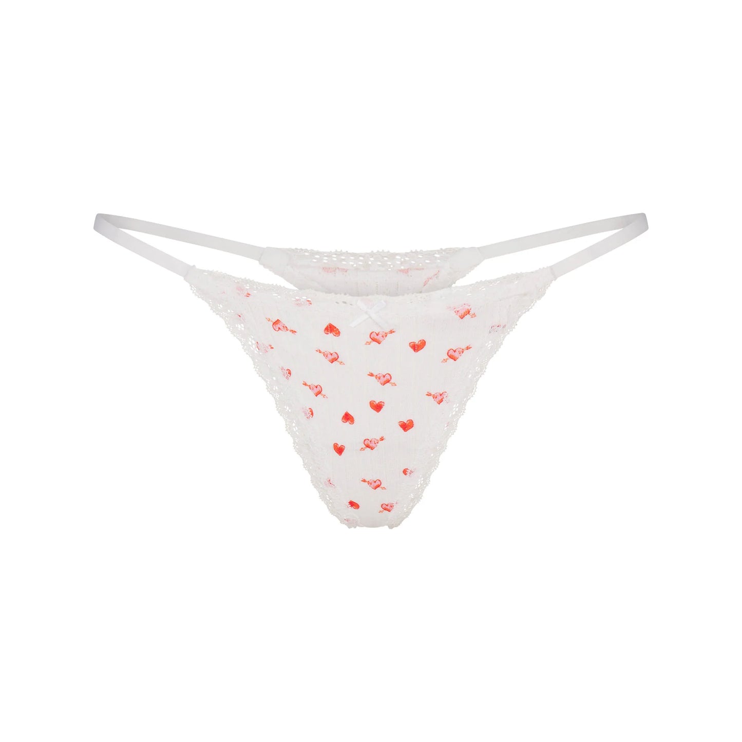 LIGHTWEIGHT COTTON POINTELLE LACE STRING THONG | SNOW ARROWED HEARTS