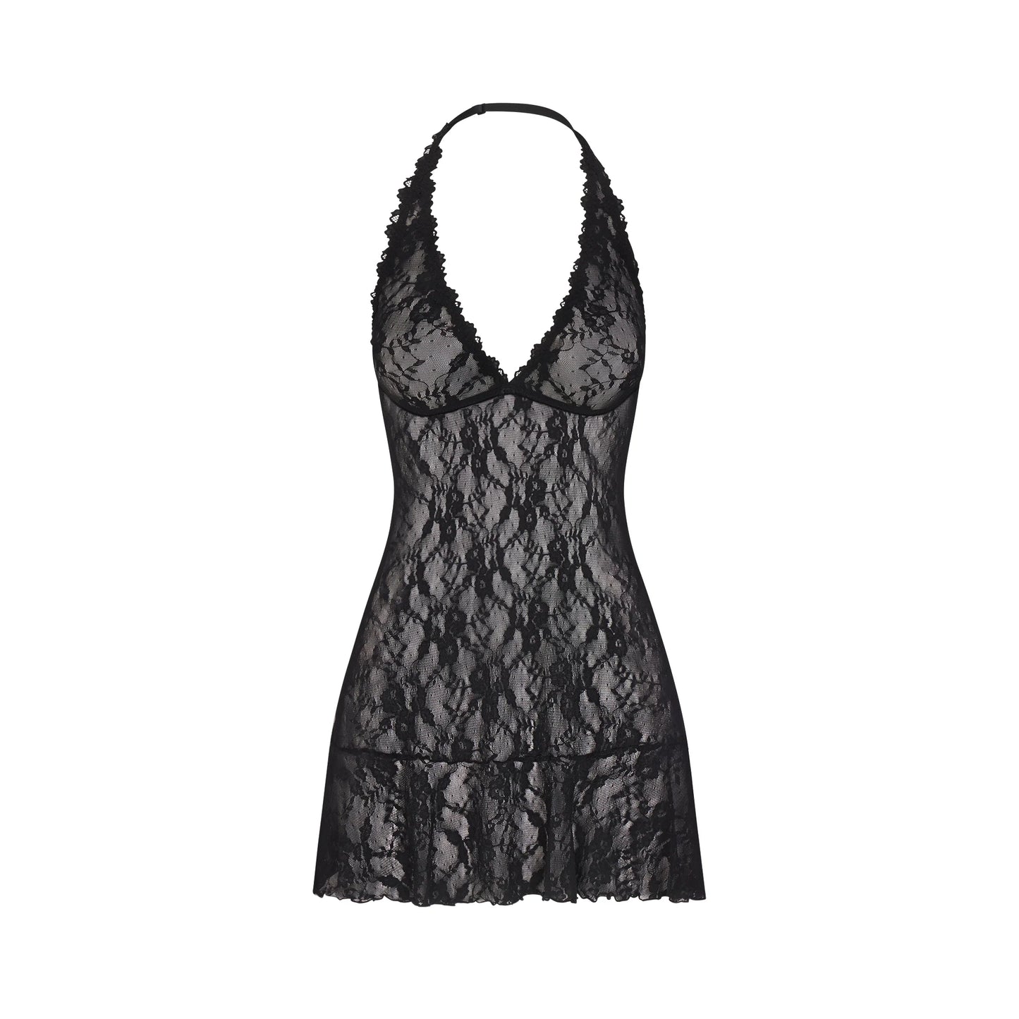 STRETCH LACE HALTER MINI DRESS | SOOT