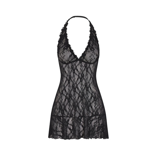 STRETCH LACE HALTER MINI DRESS | SOOT