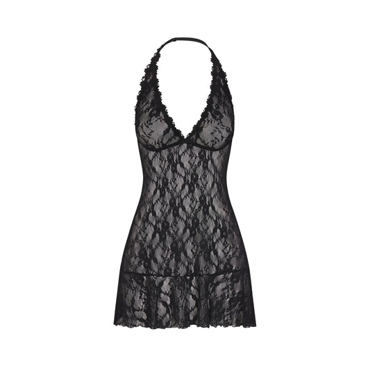 STRETCH LACE HALTER MINI DRESS | SOOT
